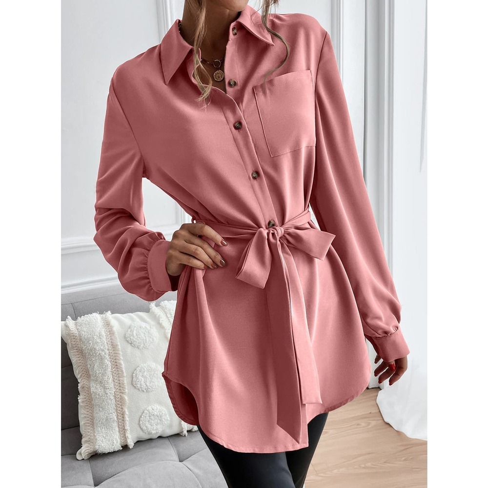 long sleeve Button down Belted tunic length Shirt black - Picture 8 of 11